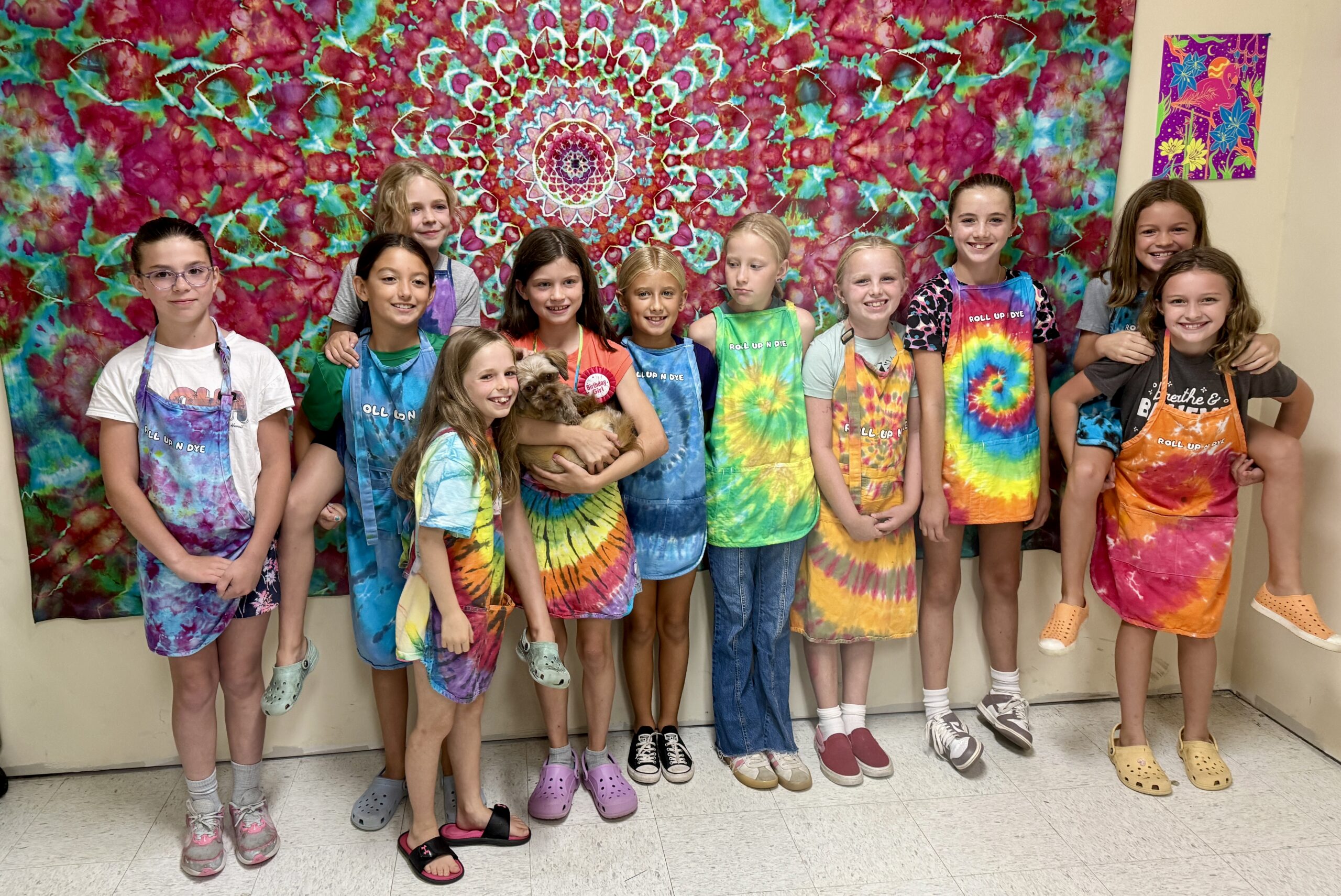 A collage of kids tie-dyeing and participating in Roll Up N Dye workshops and parties indoors and out